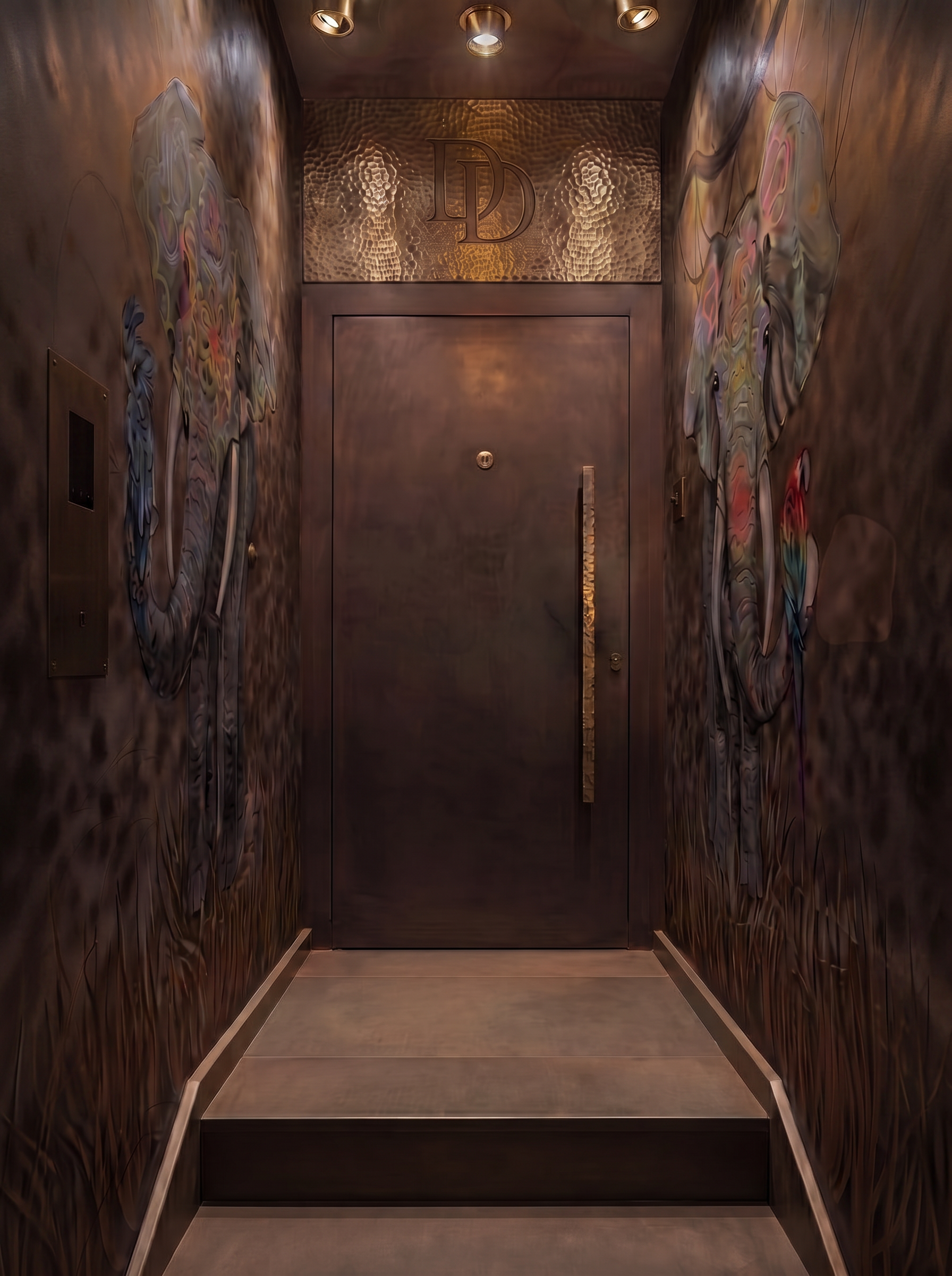 Stunning entryway with hand-painted elephant murals by Divine Design